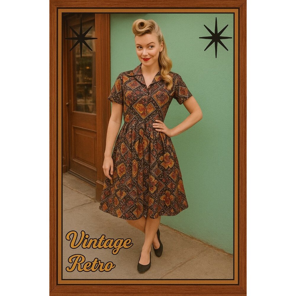Vintage Retro Floral Short Sleeve 1950s 50s House Dress Swing V-Neck Day S